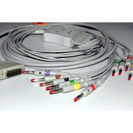 Wielorazowy kabel EKG - kompletny, 10 odprowadzeń, wtyk 15 pin, do Mindray BeneHeart R3 banan 4mm, z rezystorem.