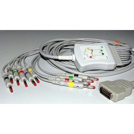 Wielorazowy kabel EKG - kompletny, 10 odprowadzeń, wtyk 15 pin, typu GE-Marquette, banan 4mm, z rezystorem.