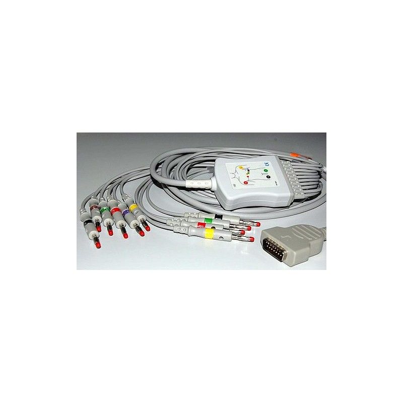 Wielorazowy kabel EKG - kompletny, 10 odprowadzeń, wtyk 15 pin, typu GE-Marquette, banan 4mm, z rezystorem.