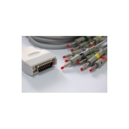 Wielorazowy kabel EKG - kompletny, 10 odprowadzeń, wtyk 15 pin, typu Mortara, banan 4 mm, z rezystorem.