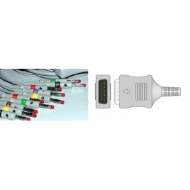 Wielorazowy kabel EKG - kompletny, 10 odprowadzeń, wtyk 15 pin, typu Nihon Kohden, banan 4 mm, z rezystorem.