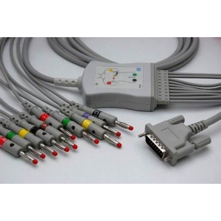 Wielorazowy kabel EKG - kompletny, 10 odprowadzeń, wtyk 15 pin, typu Schiller, banan 4 mm , z rezystorem.