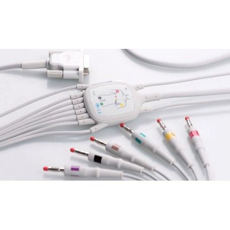 Wielorazowy kabel EKG - kompletny, 10 odprowadzeń, wtyk 15 pin, typu String/Schiller, banan z rezystorem 22kOhm.
